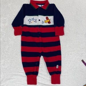 First moments striped polo romper airplane clouds cotton 6/9m